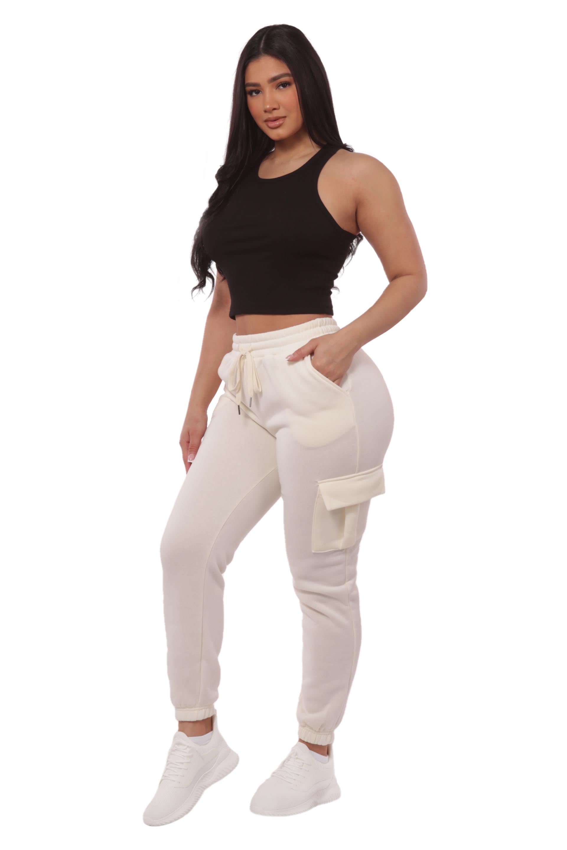 Wholesale Womens Soft Fleece Lined Cargo Sweatpants - Cream