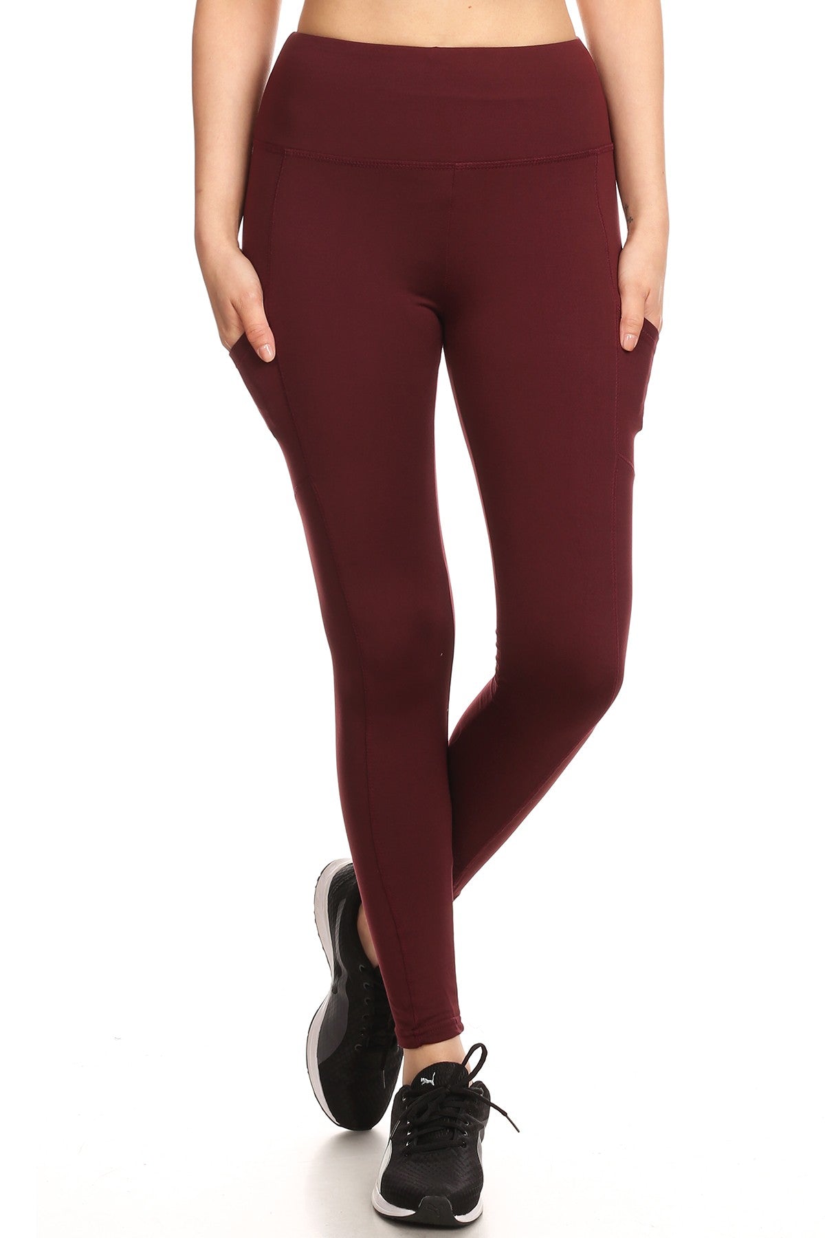 Wholesale Womens Solid Fleece Lined Sports Leggings With Side Pockets - Burgundy