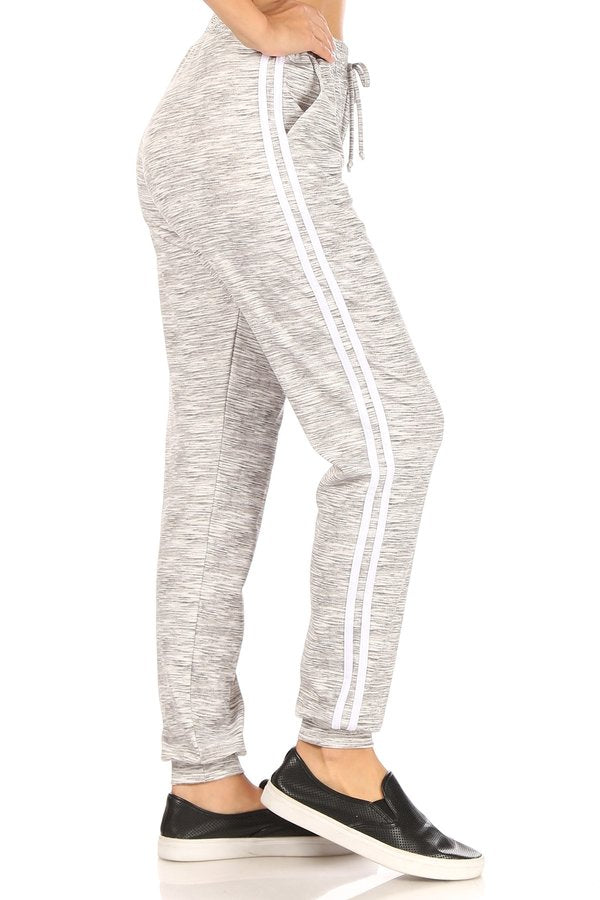 Wholesale Womens Stretch Knit Joggers Sweatpants With Side Stripes - Grey & White Space Dye