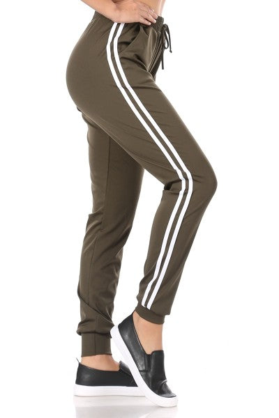 Wholesale Womens Stretch Knit Joggers With Side Stripes - Olive