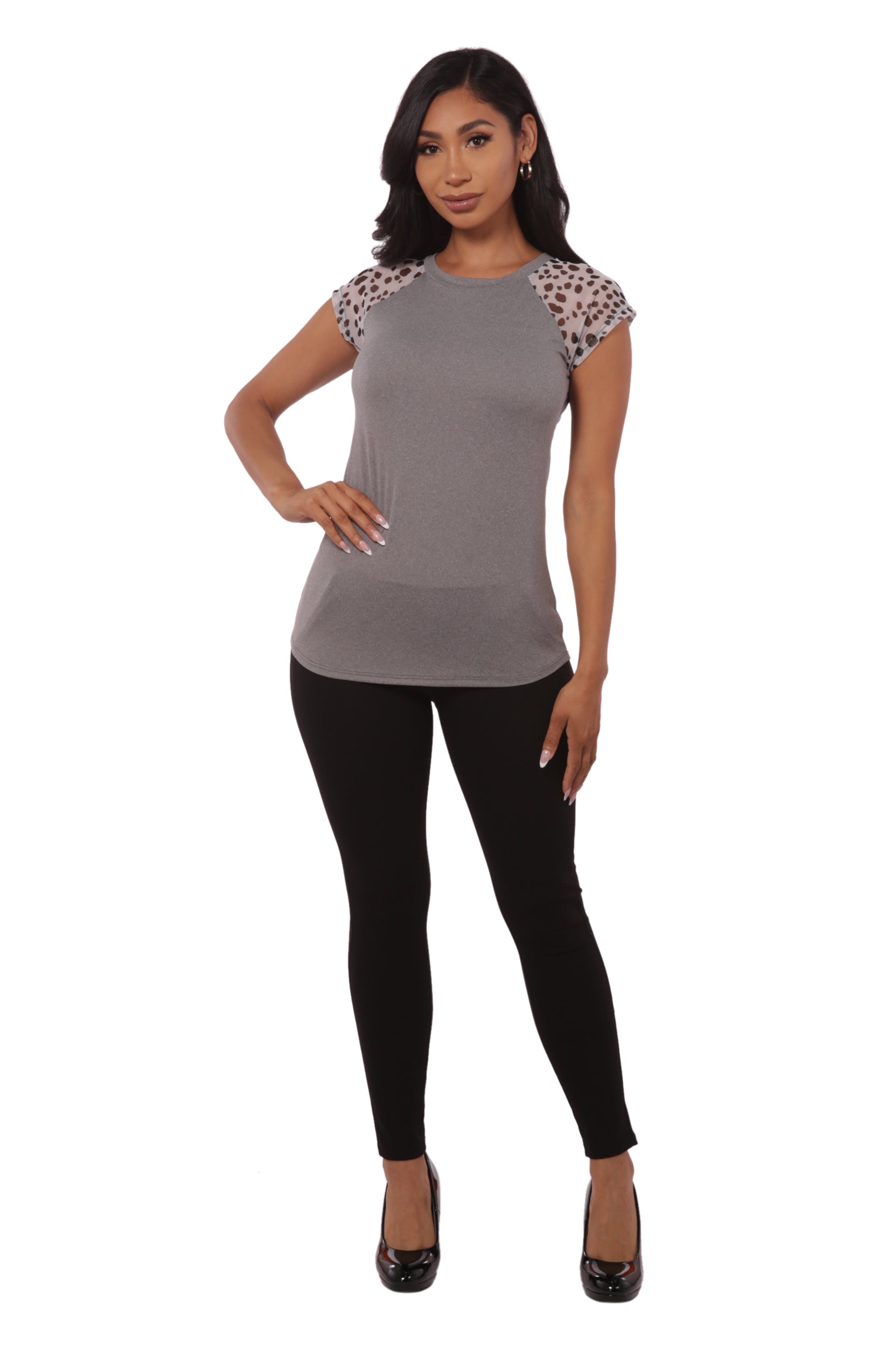 Wholesale Womens T-Shirt Tops With Contrast Mesh Short Sleeves - Gray