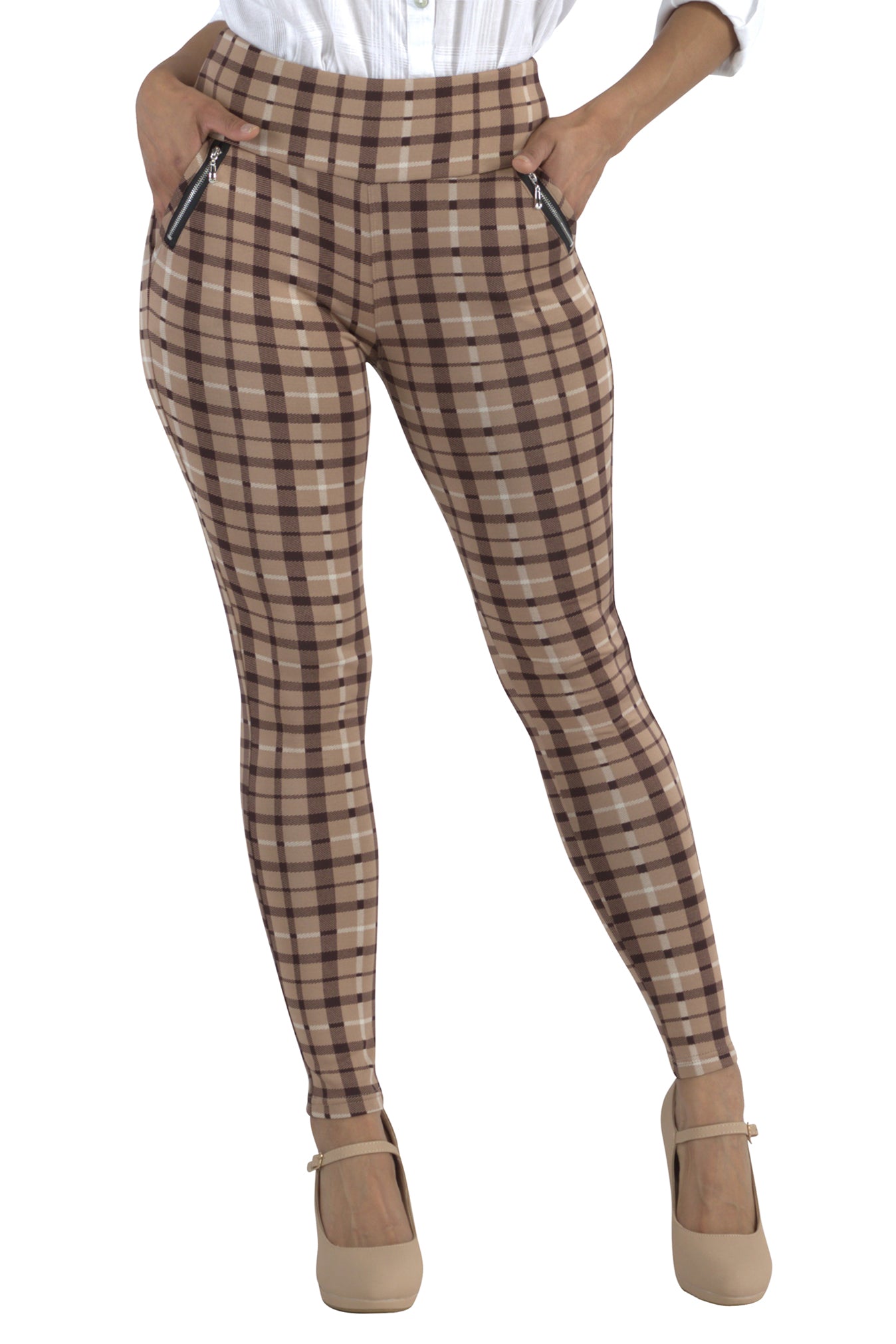 Wholesale Womens Tregging Skinny Pants With Zipper Pockets - Beige, Brown Plaid