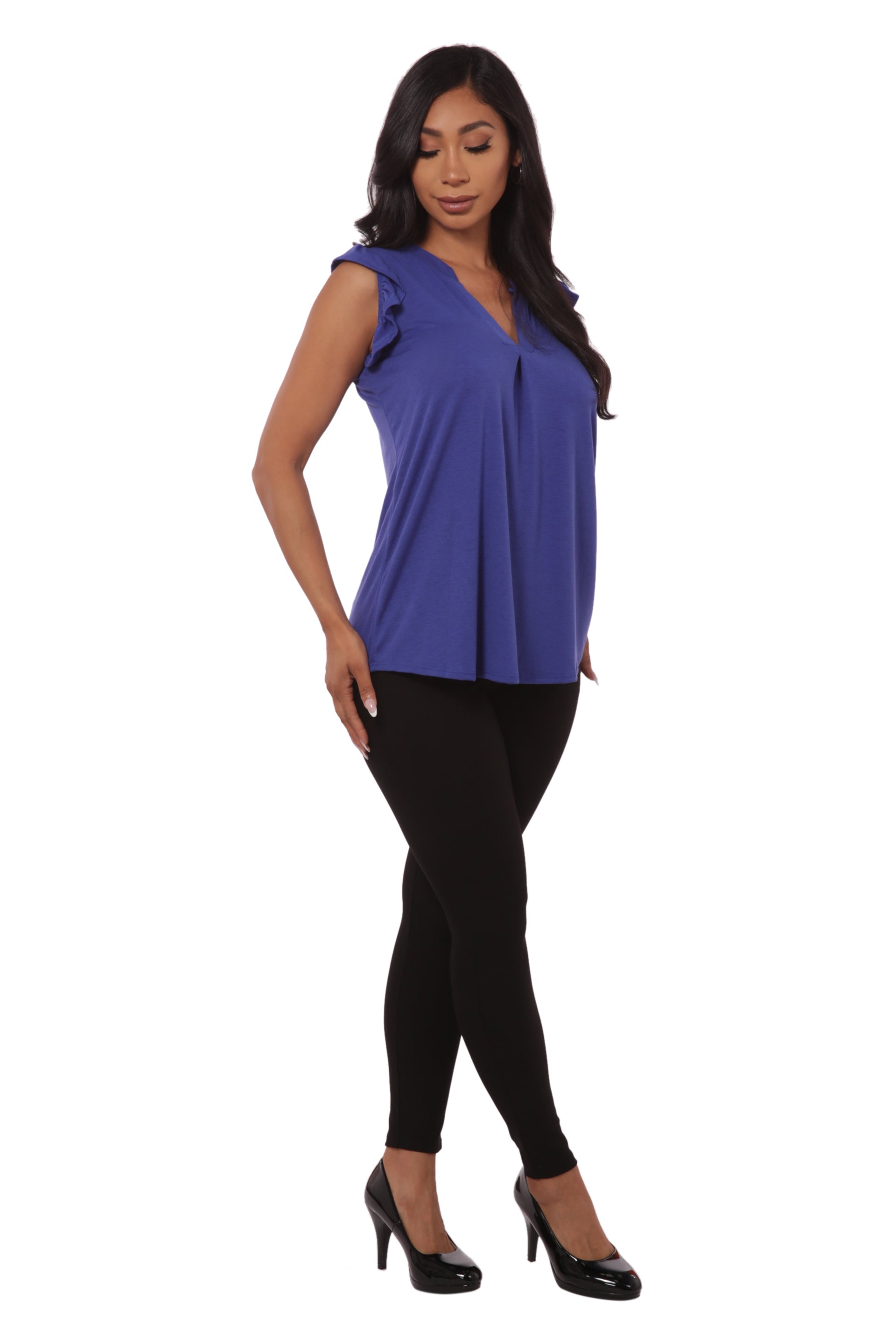 Wholesale Womens V-Neck Tops With Ruffle Armhole Detail - Blue