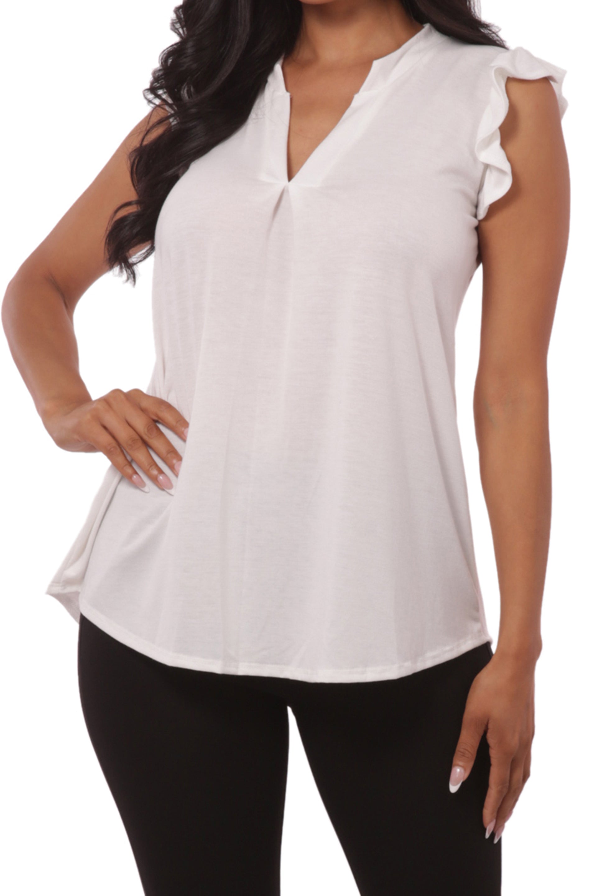 Wholesale Womens V-Neck Tops With Ruffle Armhole Detail - Ivory