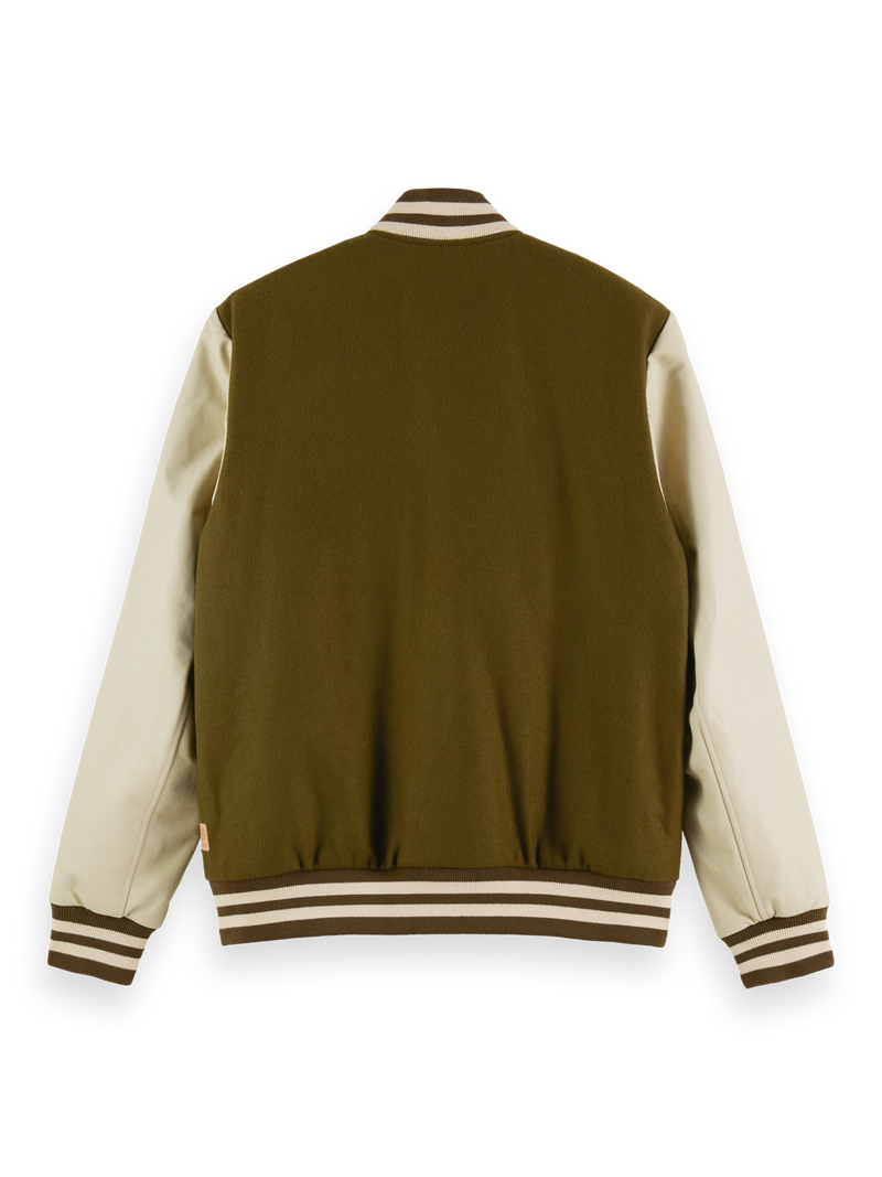 Saint Laurent Varsity Jacket In Green Wool With Sleeves In Cognac Leather