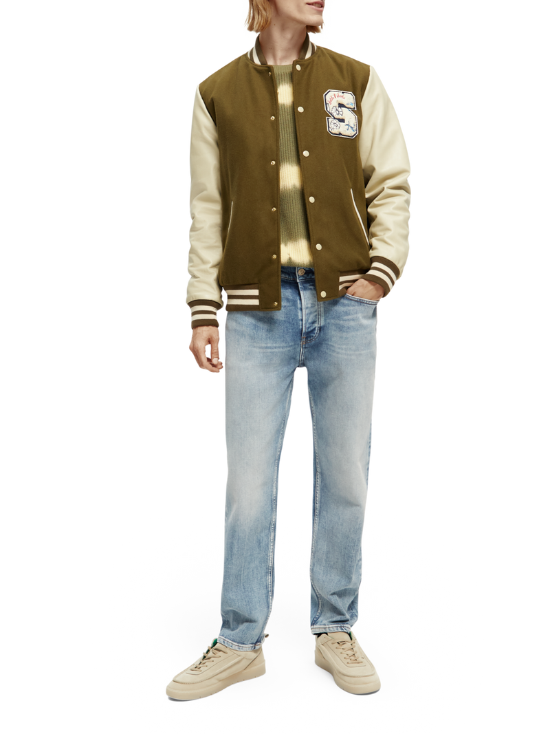 wool varsity jacket with Leather Details