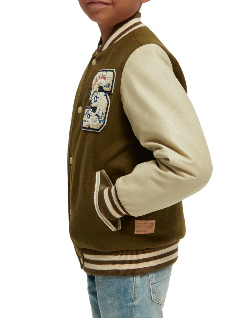 Varsity Jacket for Baseball Letterman Bomber School of Green Wool and  Genuine Brown Leather Sleeves at  Men’s Clothing store