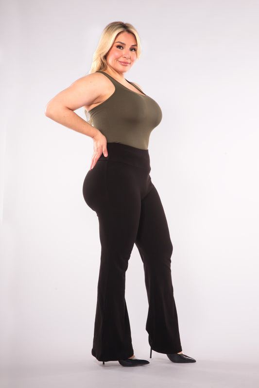 High Waist Flare Pants With Front Seam Detail And Waist Tie - Black