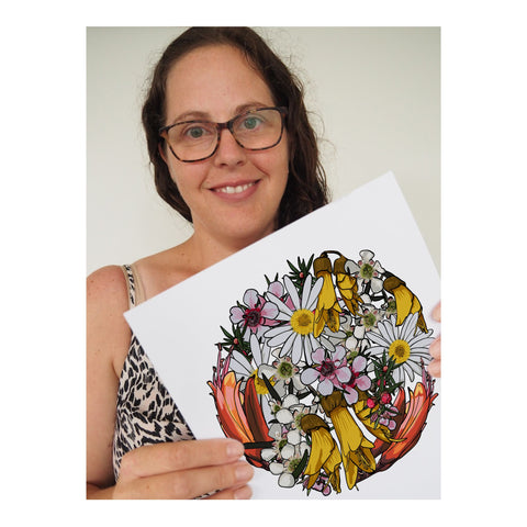 Anna Mollekin, a New Zealand Contemporary artist who originally created 'My Sunshine' as a digitally hand-drawn floral piece.