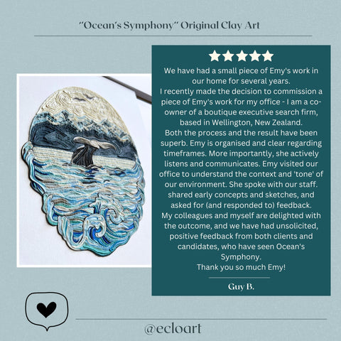 A five-star review written by Guy Brew after commissioning one of Emy's original clay art pieces titled 'Ocean's Symphony'.