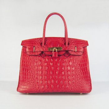 Hermes Birkin 30cm Crocodile Head Vein Handbags Red Golden 6214