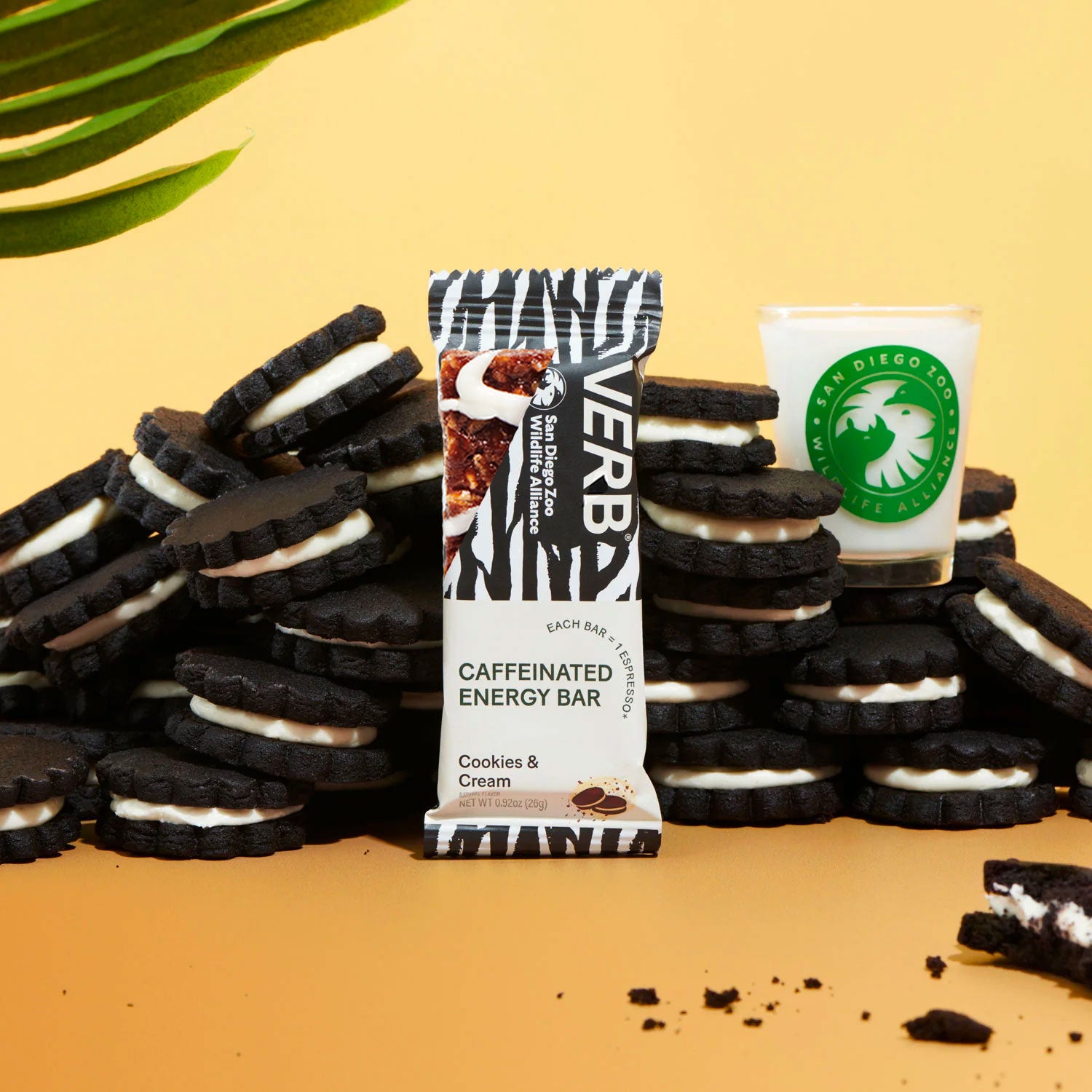 Caffeinated energy bar with cookies and cream on yellow background.