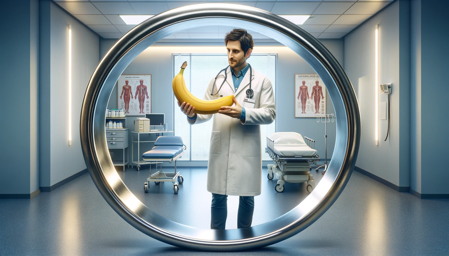 doctor standing inside a large ring. The doctor, wearing a white coat and a stethoscope around their neck, is holding a banana