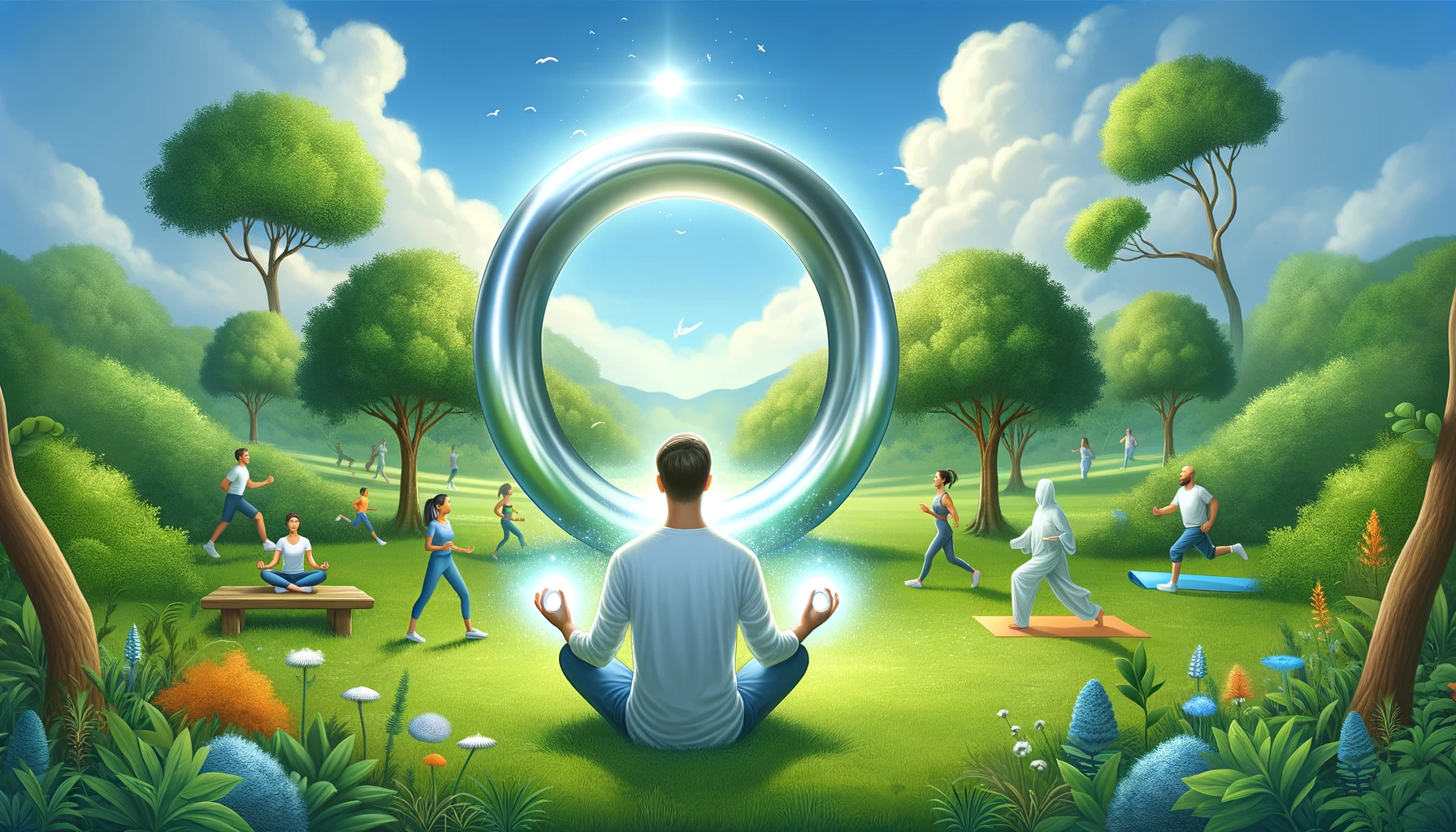 the health benefits of using a cock ring. In the center, a person is sitting cross-legged in a peaceful, lush green park.