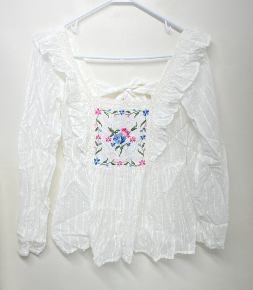 ASOS Women's 2 Square Neck Top with Tie Back Embroidered Bodice White Floral NWT