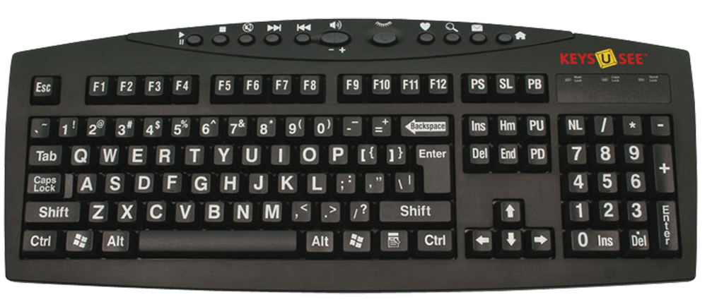 Large Print White letters on Black Keys Multimedia Keyboard