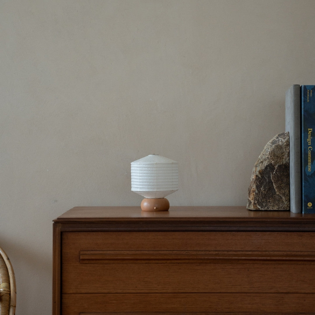 Japanese Paper Table Lamp "Mini Square" on wooden shelf in Japandi style room – Unique Portable night lamp for bedroom