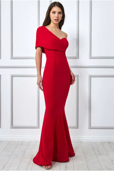 Goddiva one shoulder fan maxi dress – Red