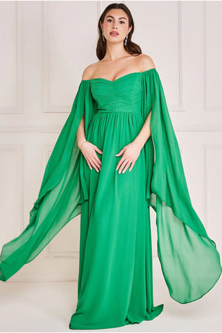 goddiva chiffon off the shoulder maxi with wings-green