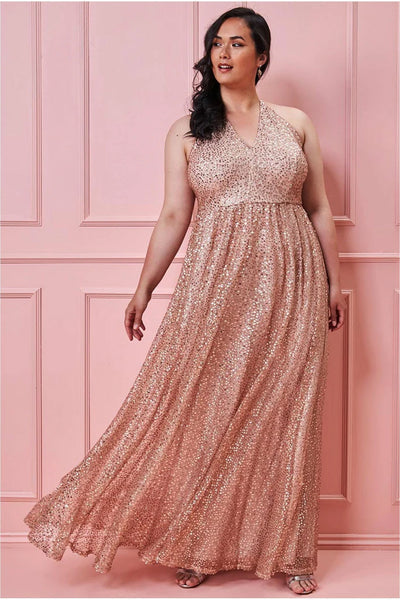 Goddiva plus sequin and mesh halter neck maxi – champagne