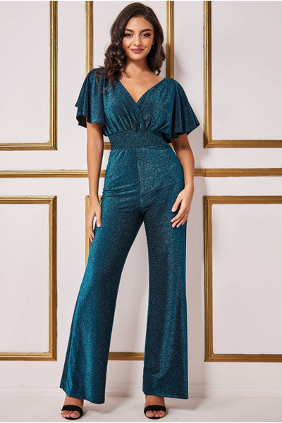 Goddiva lurex wrap style jumpsuit - blue