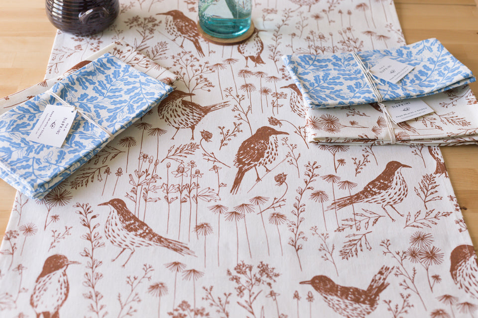 Brown Thrasher hand printed textiles_table setting for spring