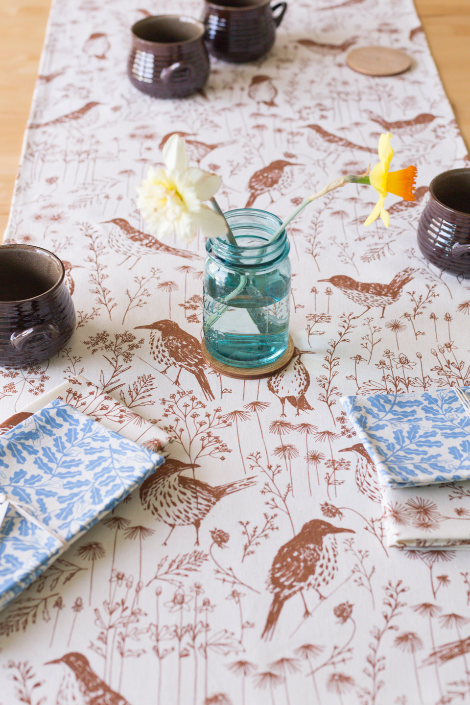 Brown Thrasher hand printed textiles_table setting for spring