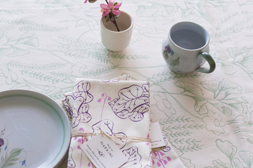 hand printed textiles_table setting for spring_Ginkgo and Huechera