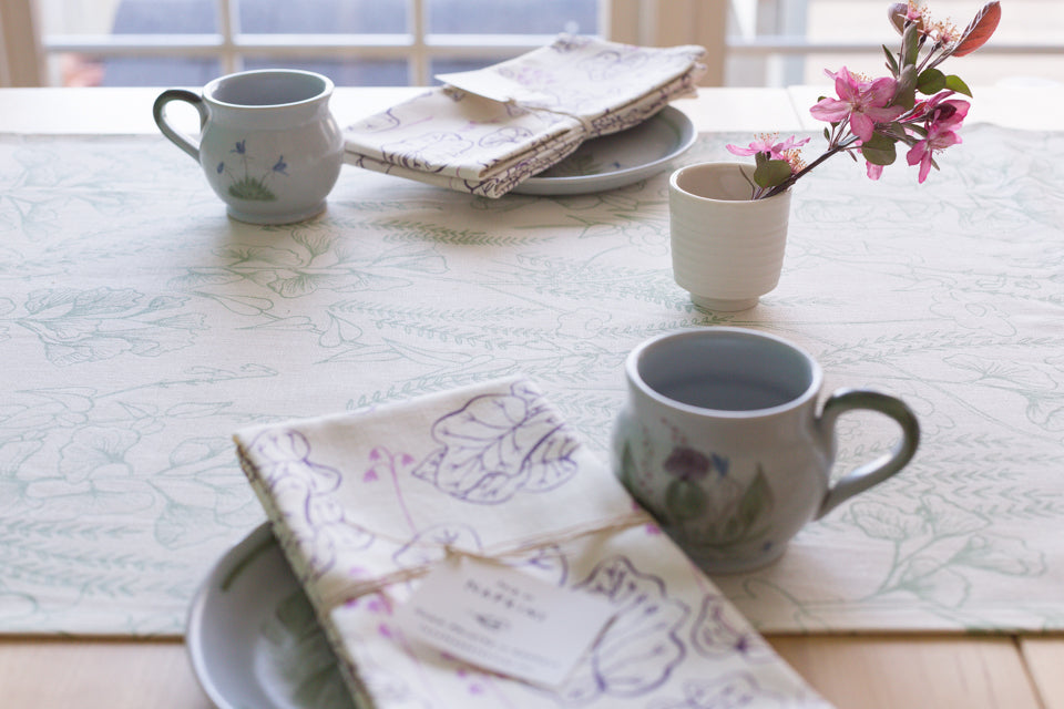 Ginkgo and Heuchera hand printed textiles_table setting for spring