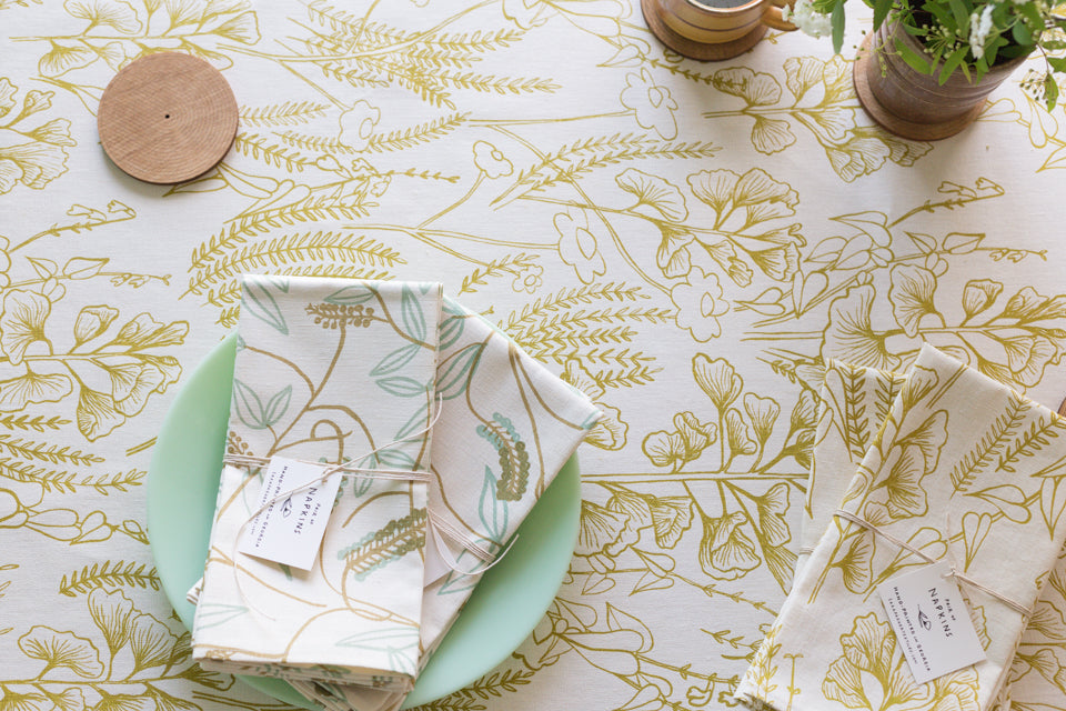 Ginkgo and Pokeberry hand printed textiles_table setting for spring