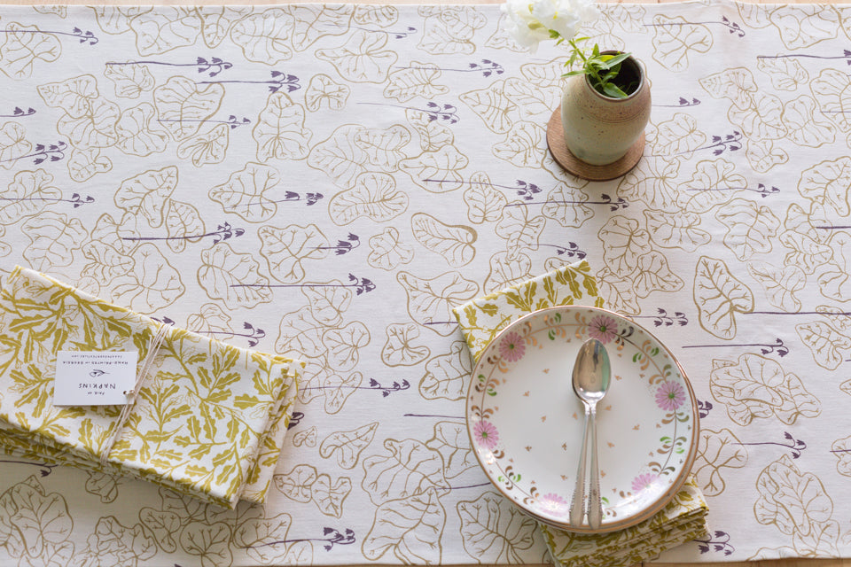 Heuchera and Parlor hand printed textiles_table setting for spring