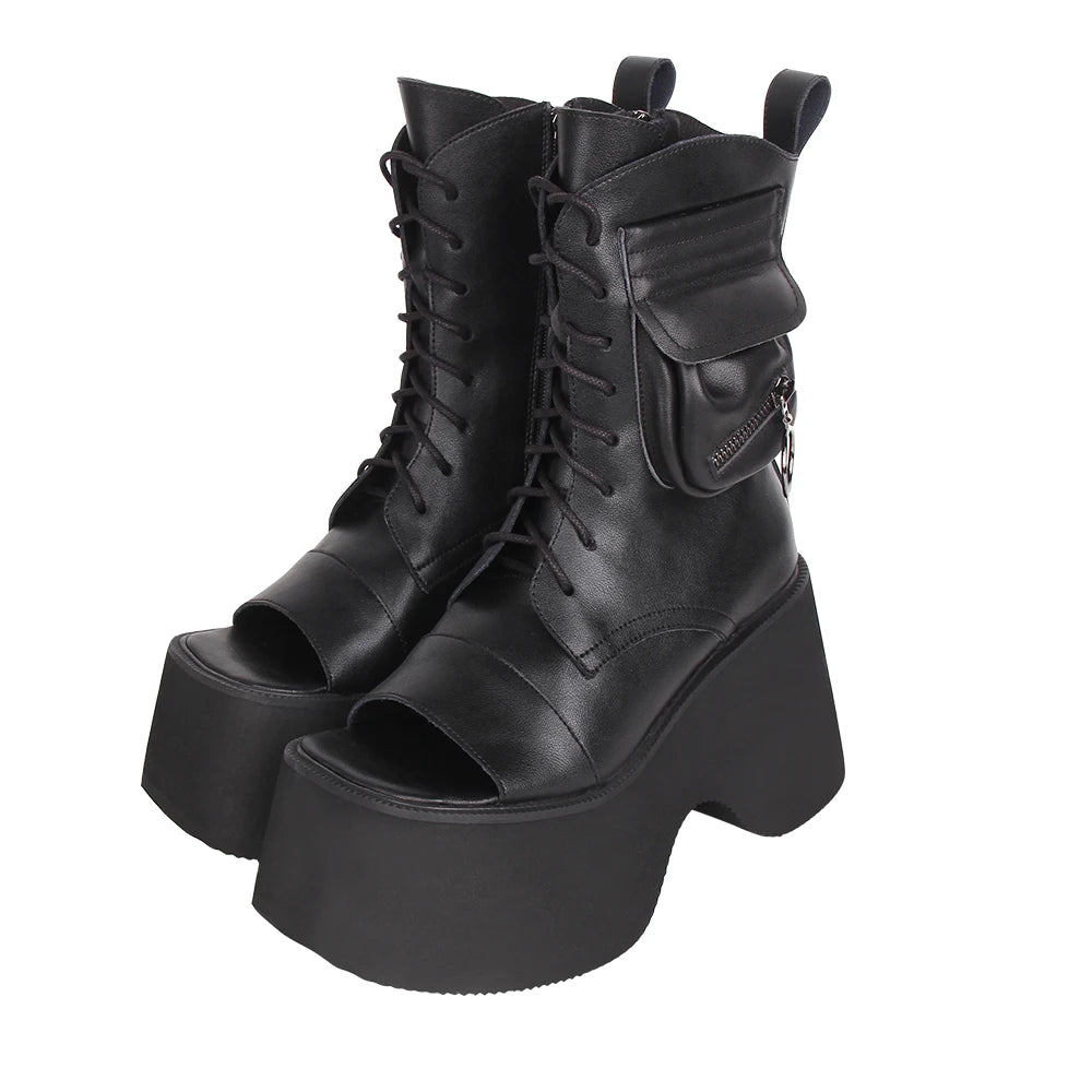 Women’s Motorcycle Style Punk Boots - Dark Gothic High Heels with Open Toe, Pocket Detail, and Chunky Platform