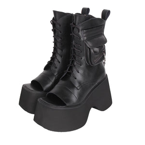 Women’s Motorcycle Style Punk Boots - Dark Gothic High Heels with Open Toe, Pocket Detail, and Chunky Platform - Goth Unicorn 