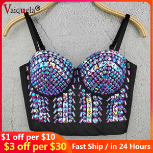 Mesh Rhinestone Bead Bustier Corset - Pearl Diamond Push-Up Nightclub Bralette for Women, Plus Size Fashion Crop Top - Goth Unicorn 