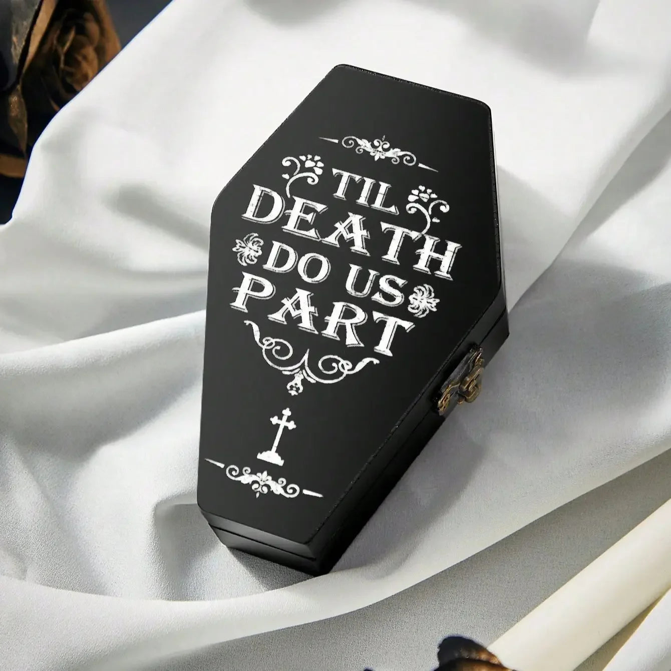 1PC - Creative Black Wood Coffin Ring Box Jewelry Storage Box Flip Cover with Lock Solid Wood