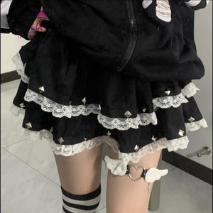 Gothic Lolita Cake Mini Skirt - Japanese Harajuku Punk Style, Kawaii Pleated Skirt with Sweet Lace and Rivet Details, Y2K Women’s Short Skirt - Goth Unicorn 