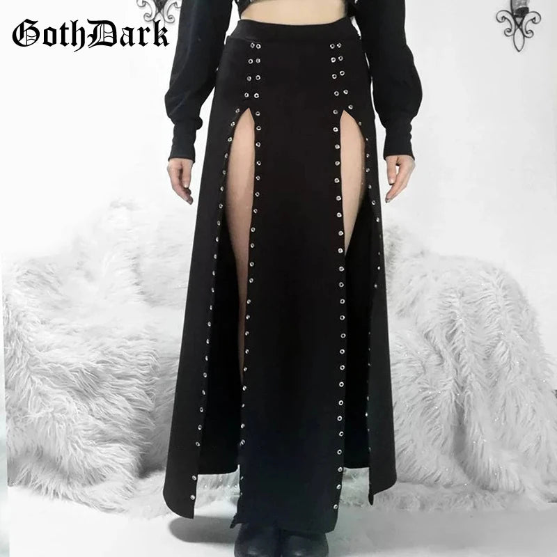 Goth Dark Punk High-Waist Long Skirt - Pure Color with Spliced Hem, Clubwear E-Girl Streetwear