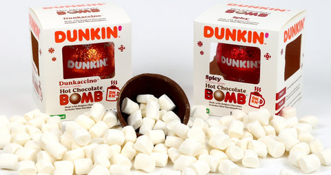 Photo of dunkin hot chocoloate bombs surounded by tiny marshmallows