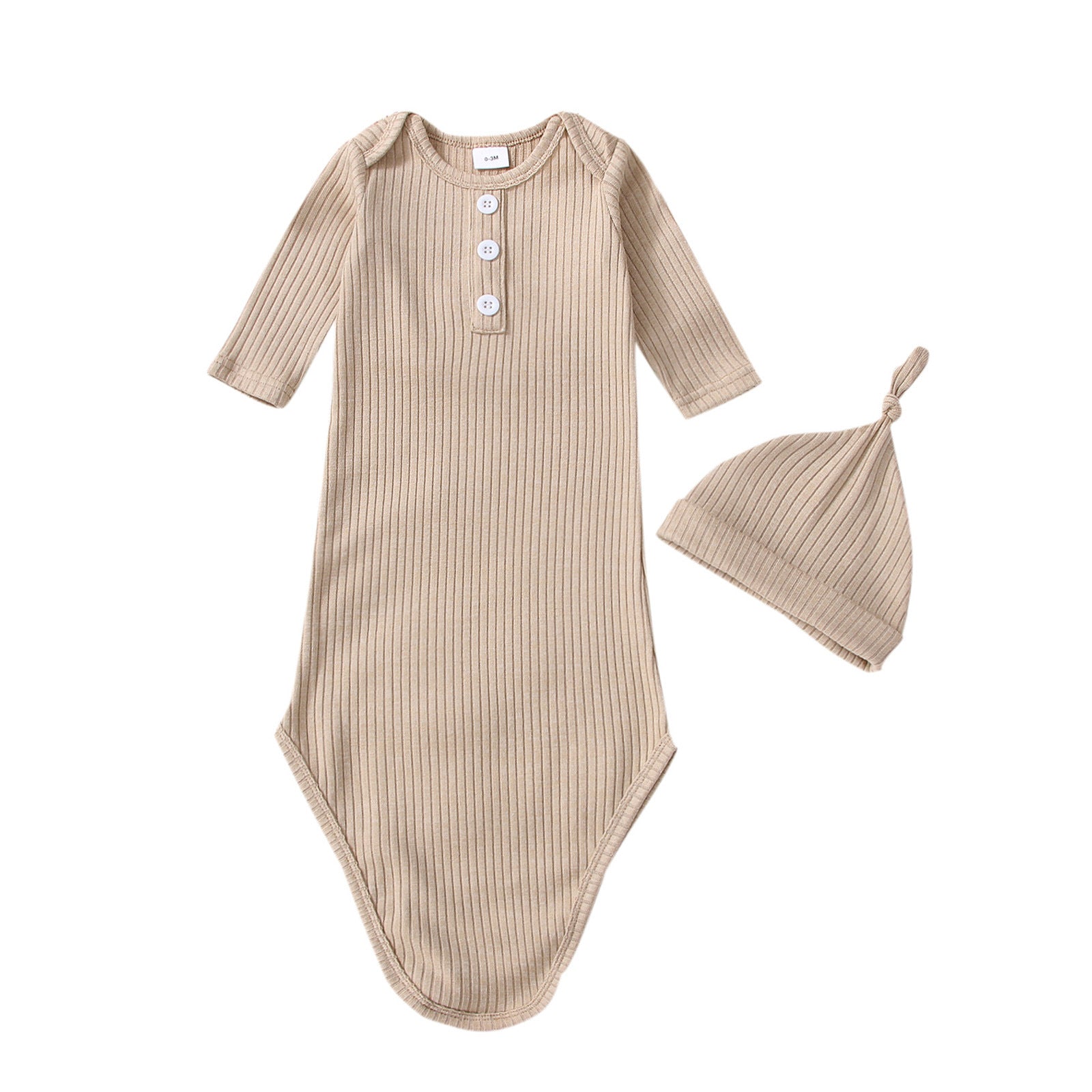 Beige Newborn Baby Cotton Nightgown with Hat-2 pc set