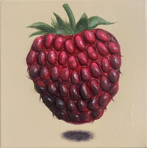 Mixed media art by Shireen Renee using painted pistachio shells on canvas to depict a 3D floating raspberry.