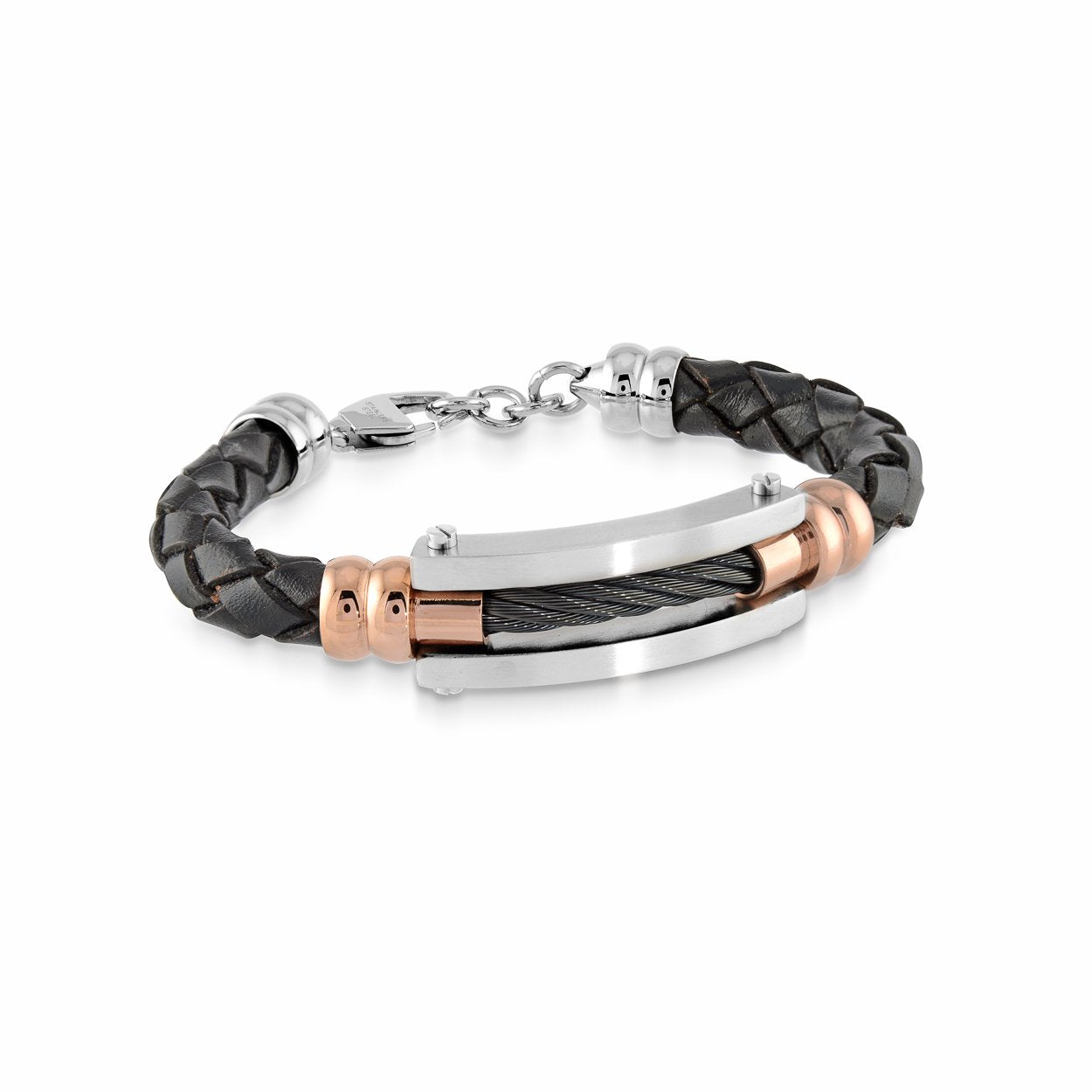 Cable Black Leather Bracelet - Italgem Steel product image