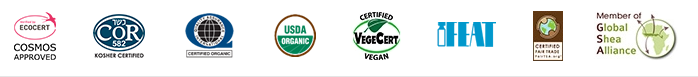 Cosmos approved, Kosher certified, QAI, USDA organic, Vegan certified, IFEAT, Fair Trade, and/or Global Shea Alliance.