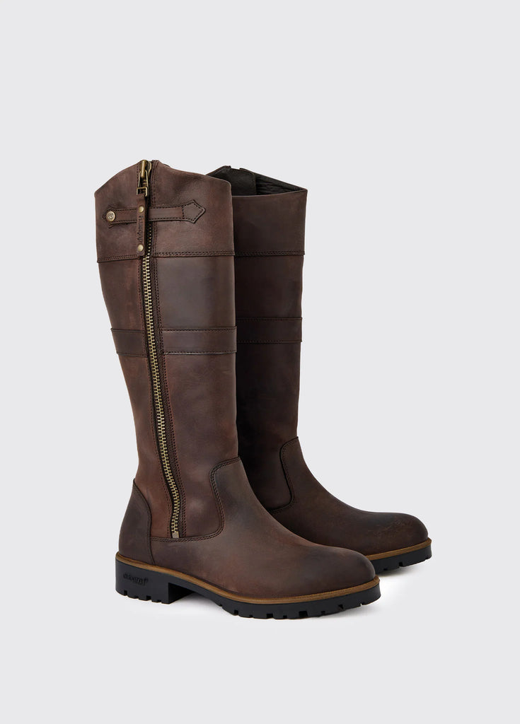 Roundstone Leather Waterproof and Breathable Country Boot in Dark Brown with Zip on a Studio Background.