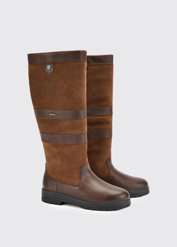 Kilternan Tall Waterproof, Breathable Leather, Fur-Lined Country Boots in Brown Walnut on a Grey Studio Background.