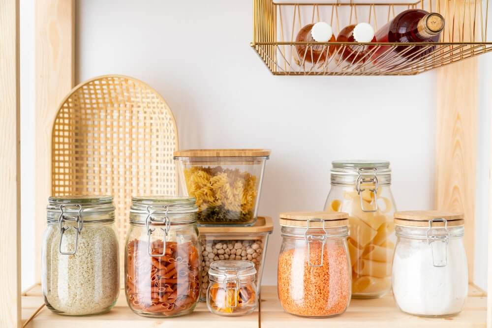 A shelf displaying various jars and items.