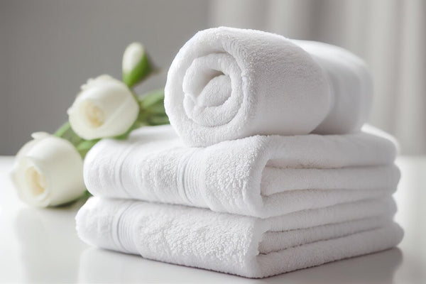A pile of washed towels alongside few white roses
