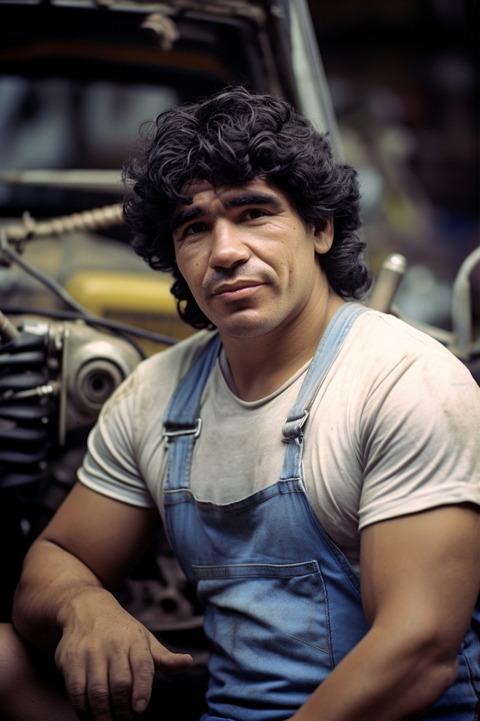 Diego Maradona as car mechanic