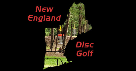 silhouette of new england against a backdrop of SDG courses with text New England Disc Golf