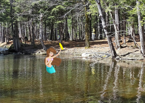 sabattus disc golf mermaid returning a disc in the pond on eagle course hole 8 april fools 2020
