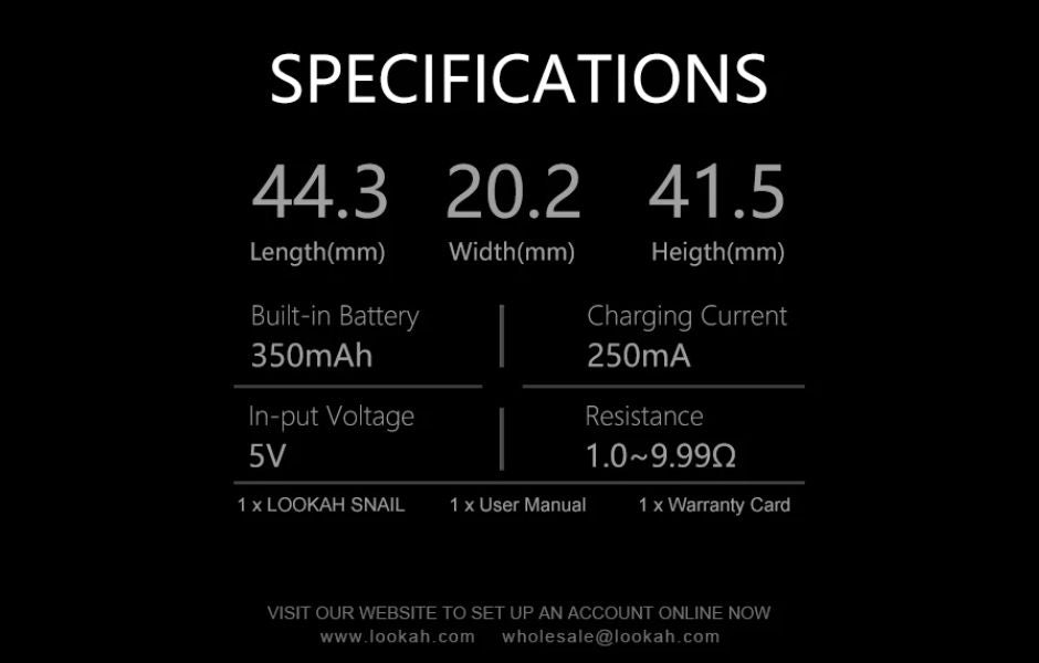 Lookah Snail 2.0 510 Cart Battery Vaporizer Device Full Specification
